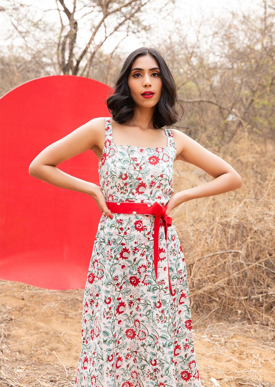 Red Flare and Printed Dress with Belt