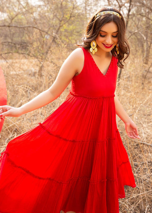 Red Gathered Tiered Dress