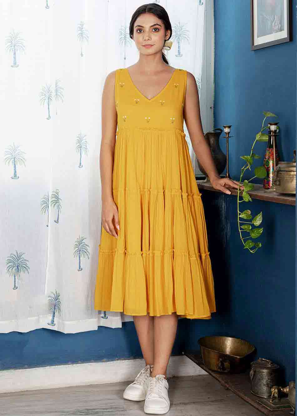 Mustard Yellow Tiered Gather Dress