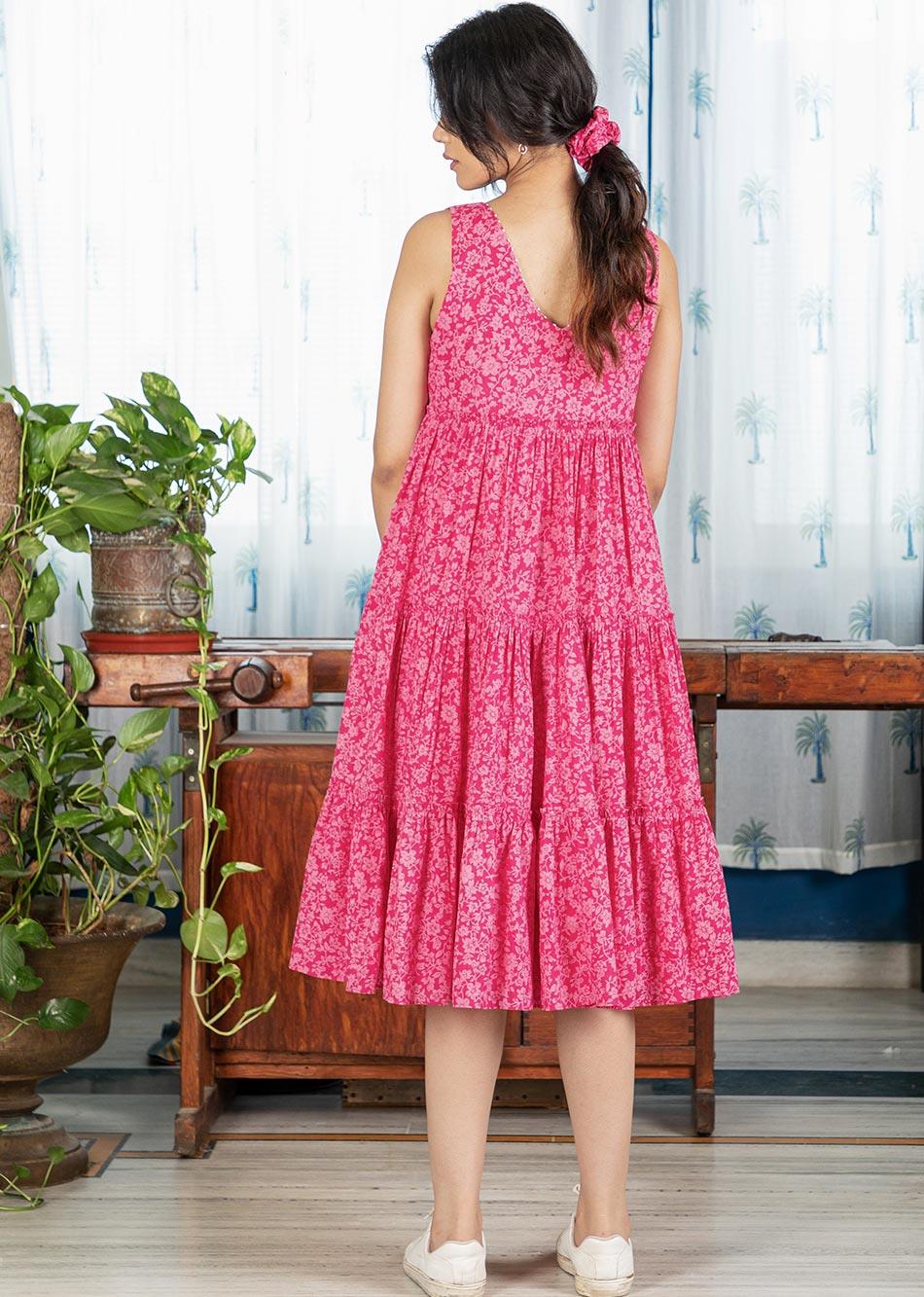 Pink Printed Tiered Gather Dress