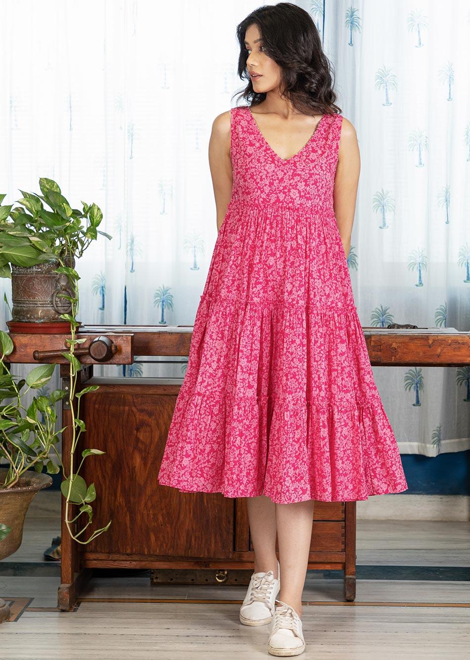 Pink Printed Tiered Gather Dress