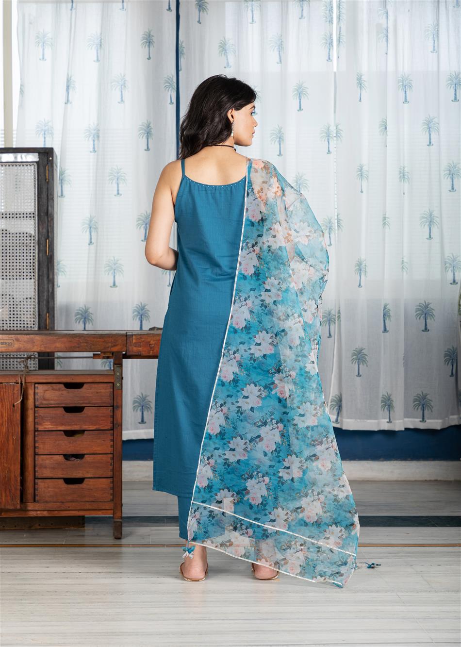 Teal Blue Printed Organza Dupatta