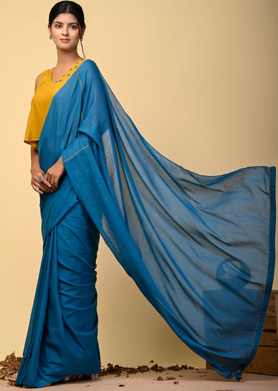 Teal Blue Mulmul Saree