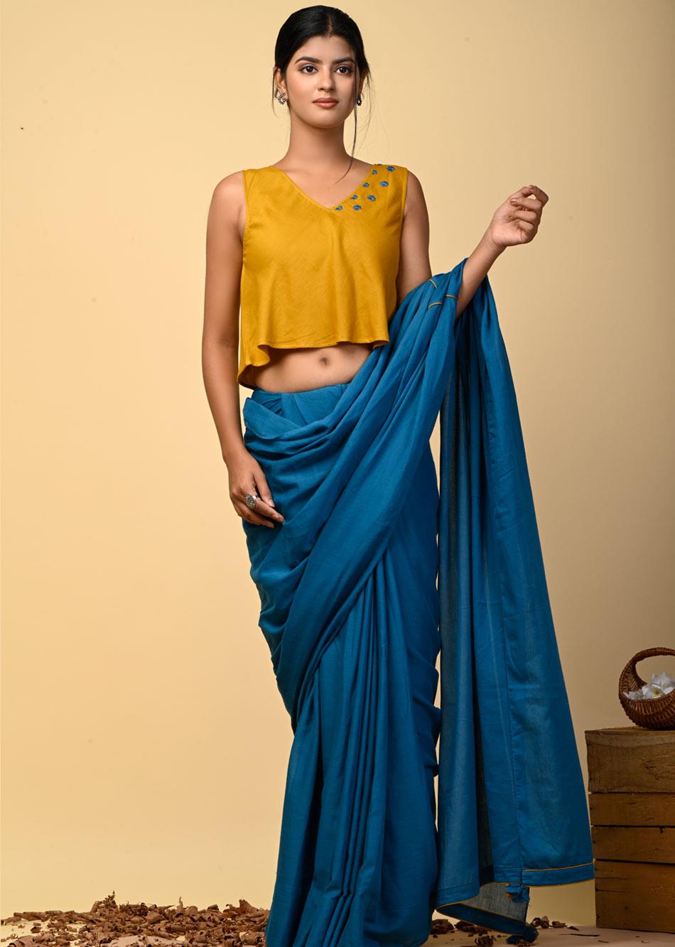 Teal Blue Mulmul Saree