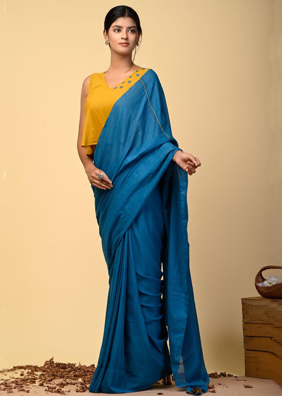 Teal Blue Mulmul Saree