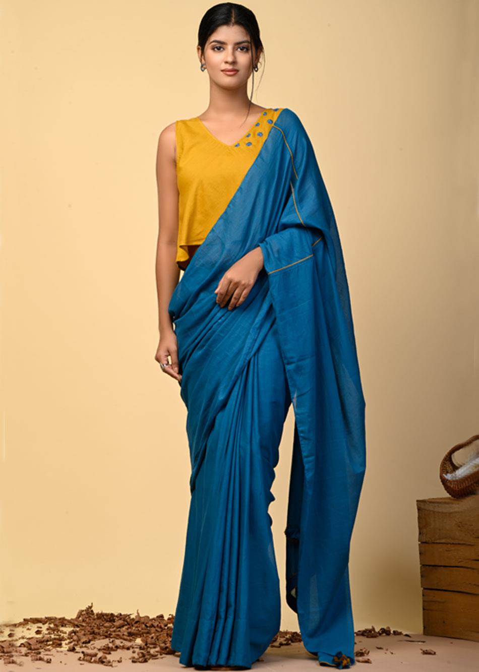 Teal Blue Mulmul Saree