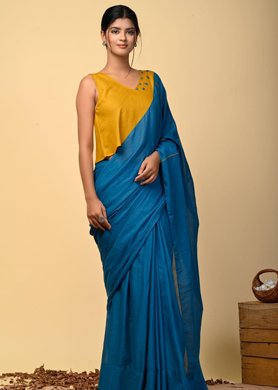 Teal Blue Mulmul Saree