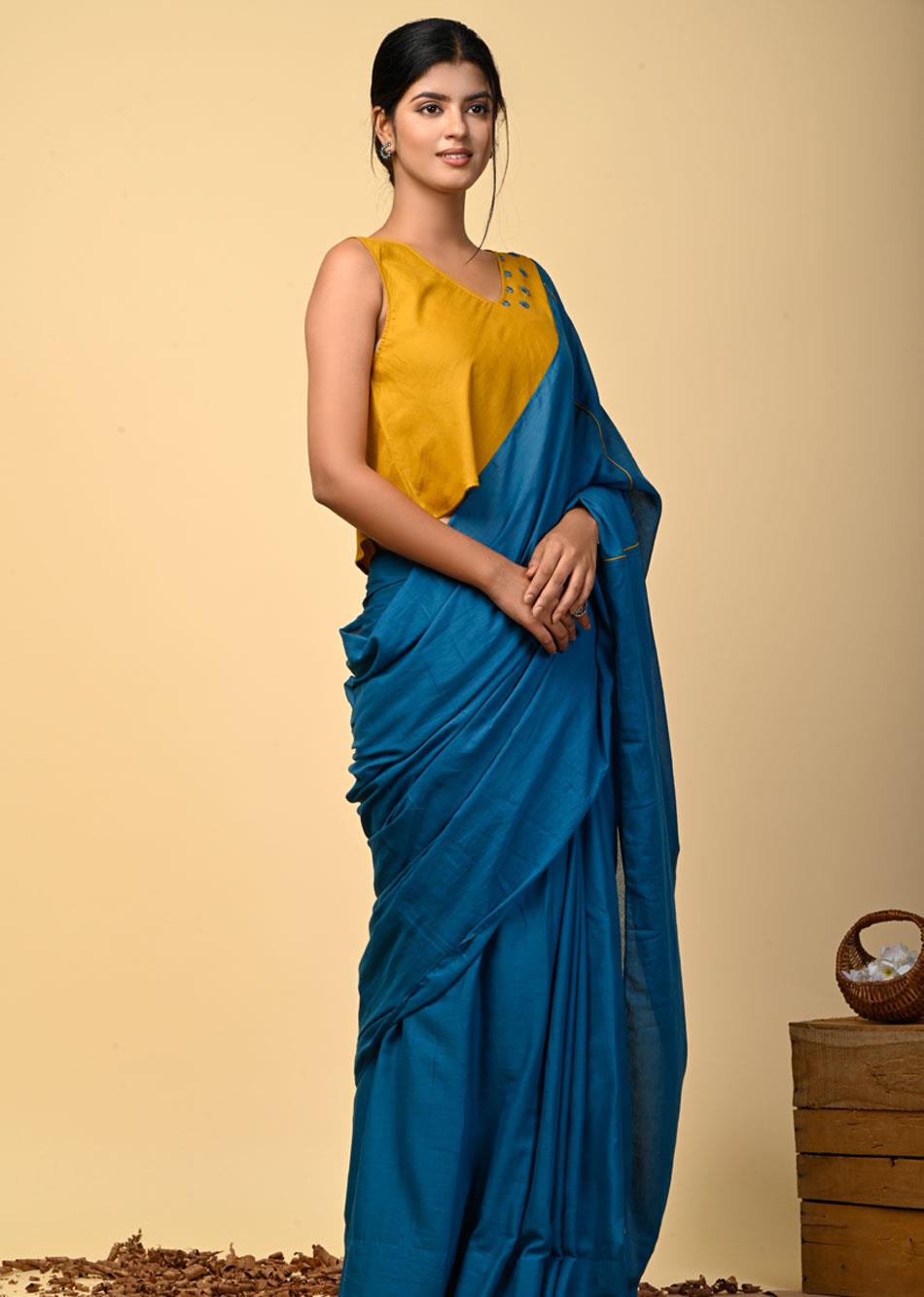 Teal Blue Mulmul Saree