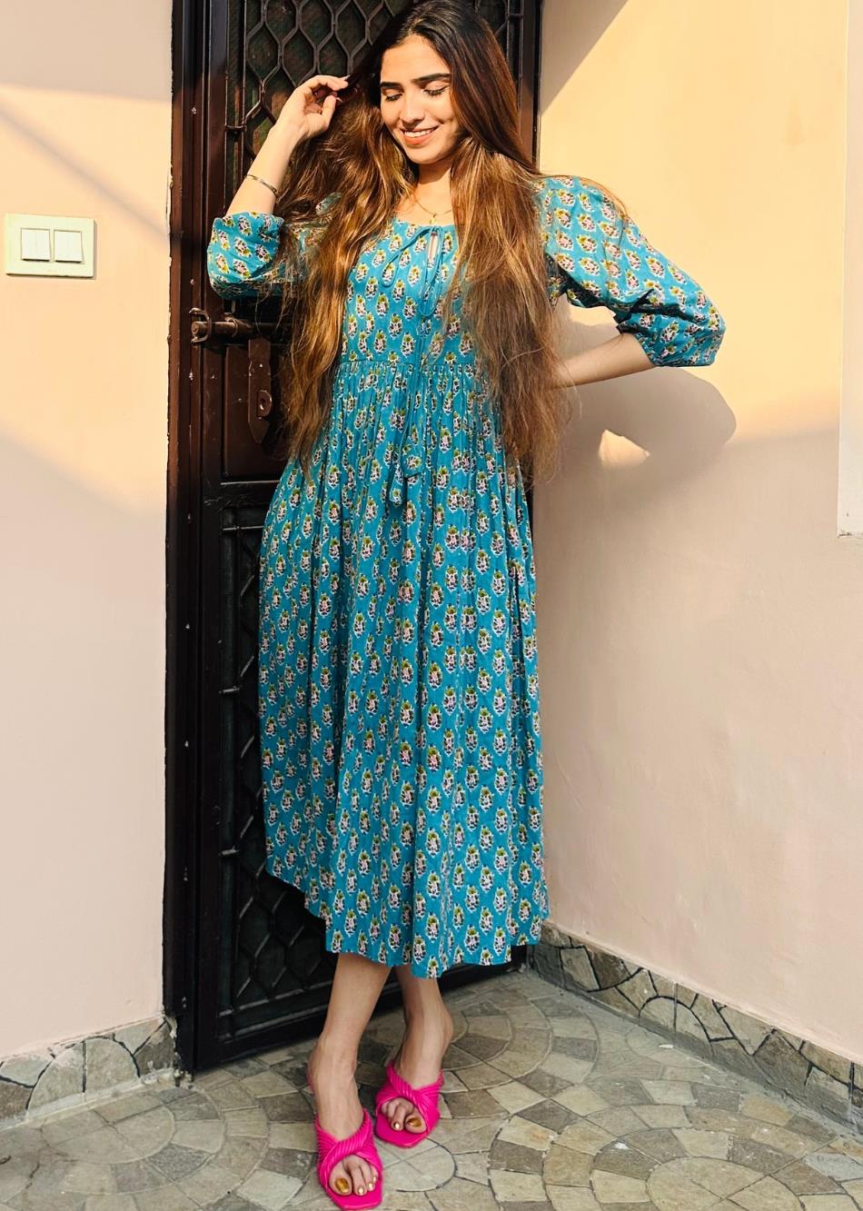 Blue Printed Gathered Dress