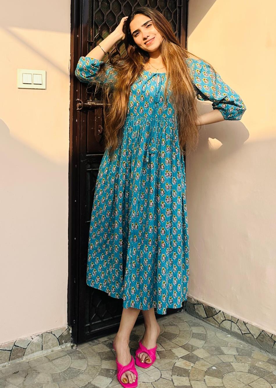 Blue Printed Gathered Dress