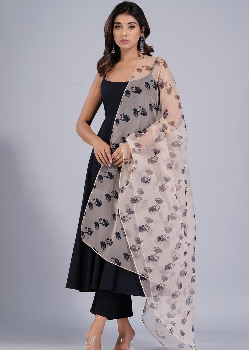 Black Floral Organza Dupatta