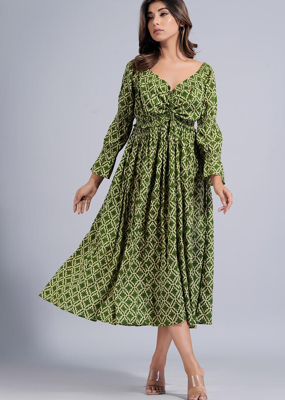 Green Printed Off -Shoulder Dress