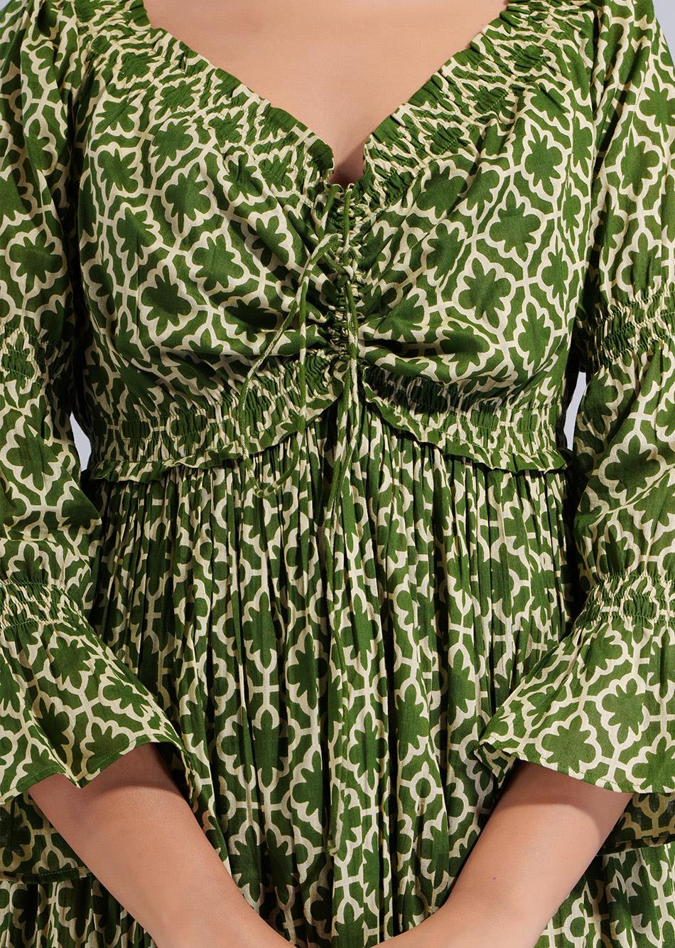 Green Printed Off -Shoulder Dress