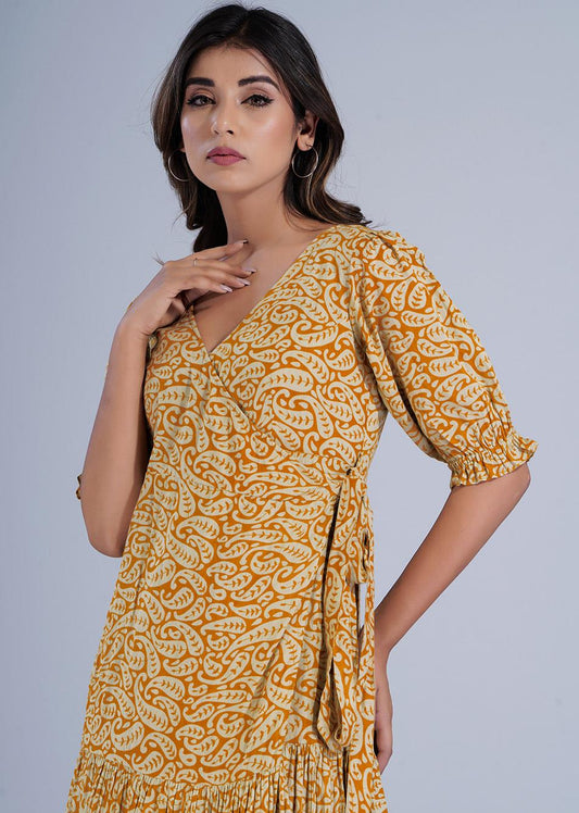  Mustard Cotton Long Angrakha Wrap Dresses for Women - JOVI India