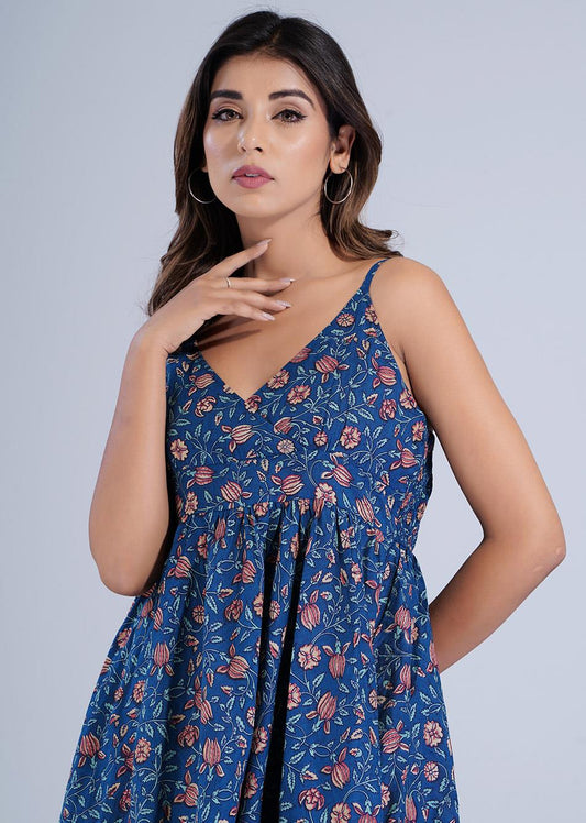 Fashionable Blue Printed Strappy Dresses for Women - JOVI India