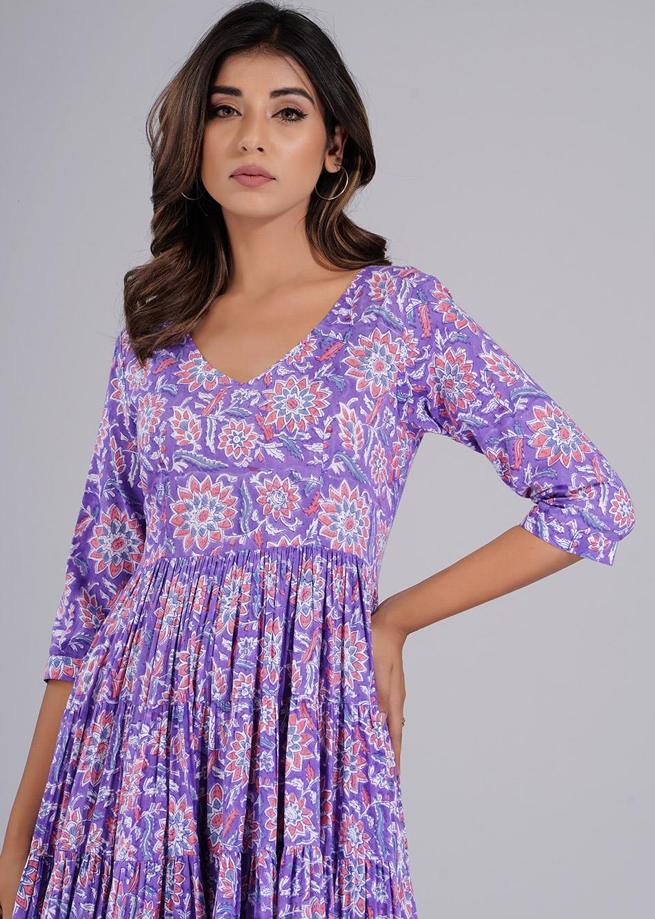 Stylish Lilac Printed Six Tiered Dresses for Women - JOVI India