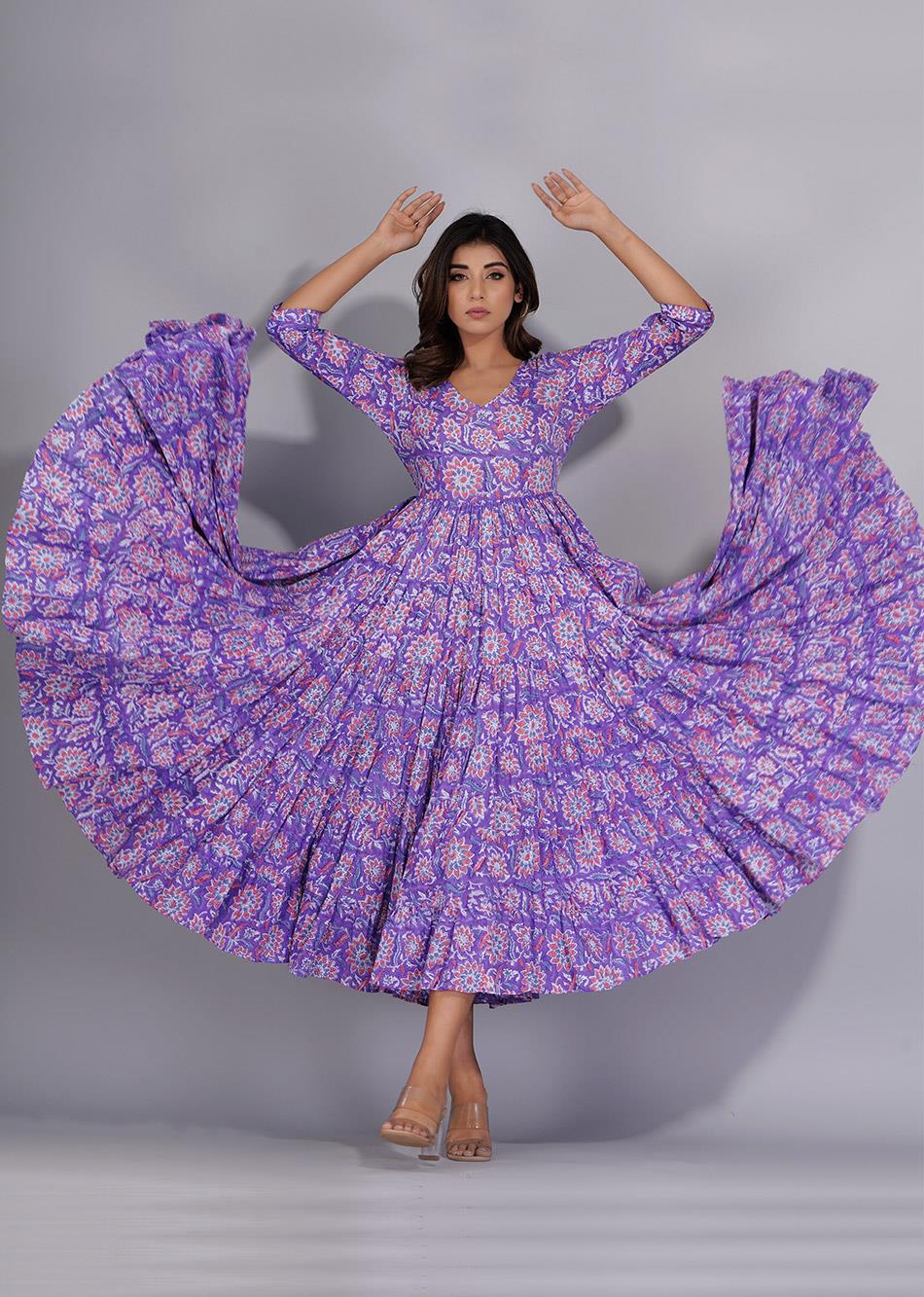 Stylish Lilac Printed Six Tiered Dresses for Women - JOVI India