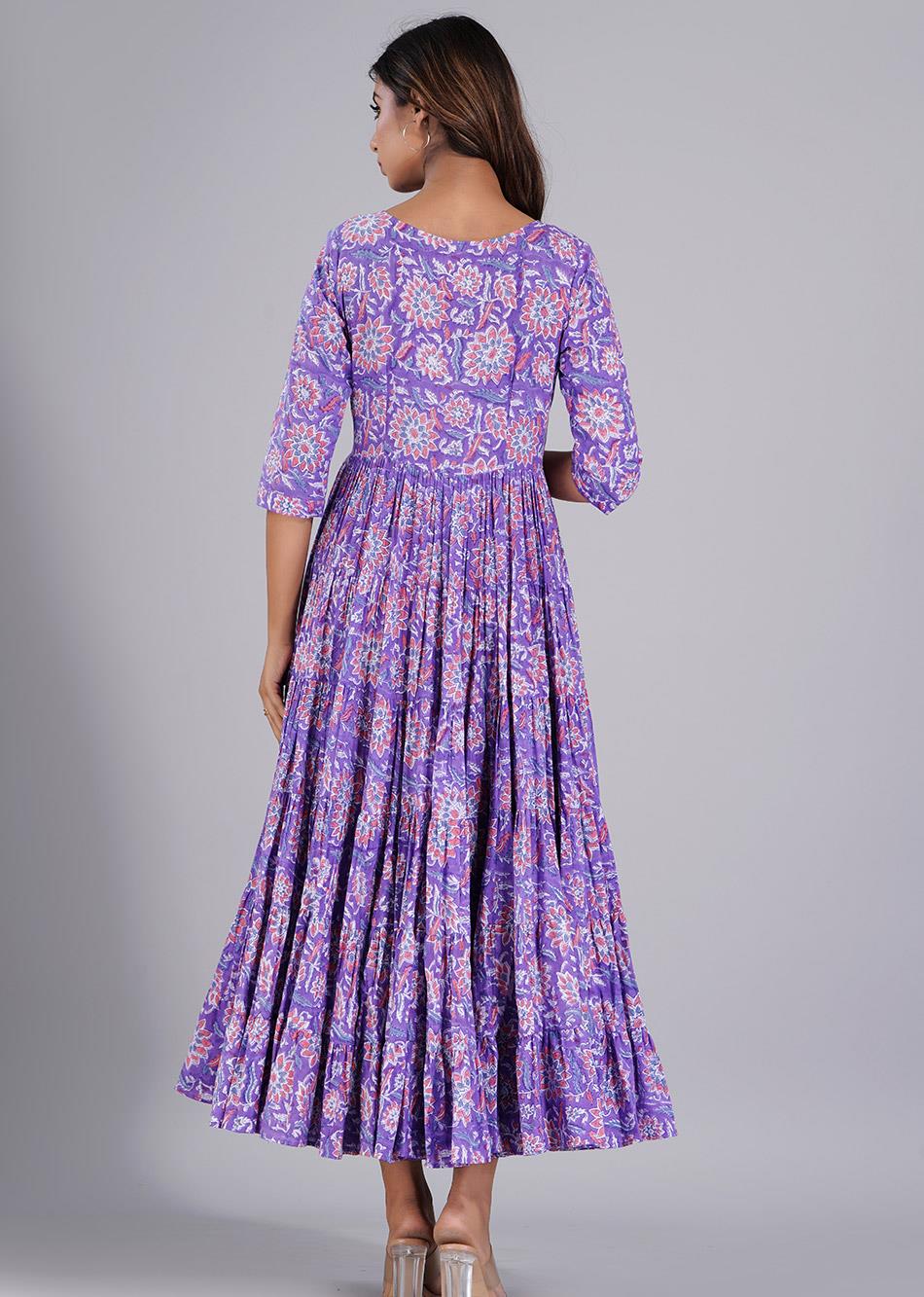 Stylish Lilac Printed Six Tiered Dresses for Women - JOVI India