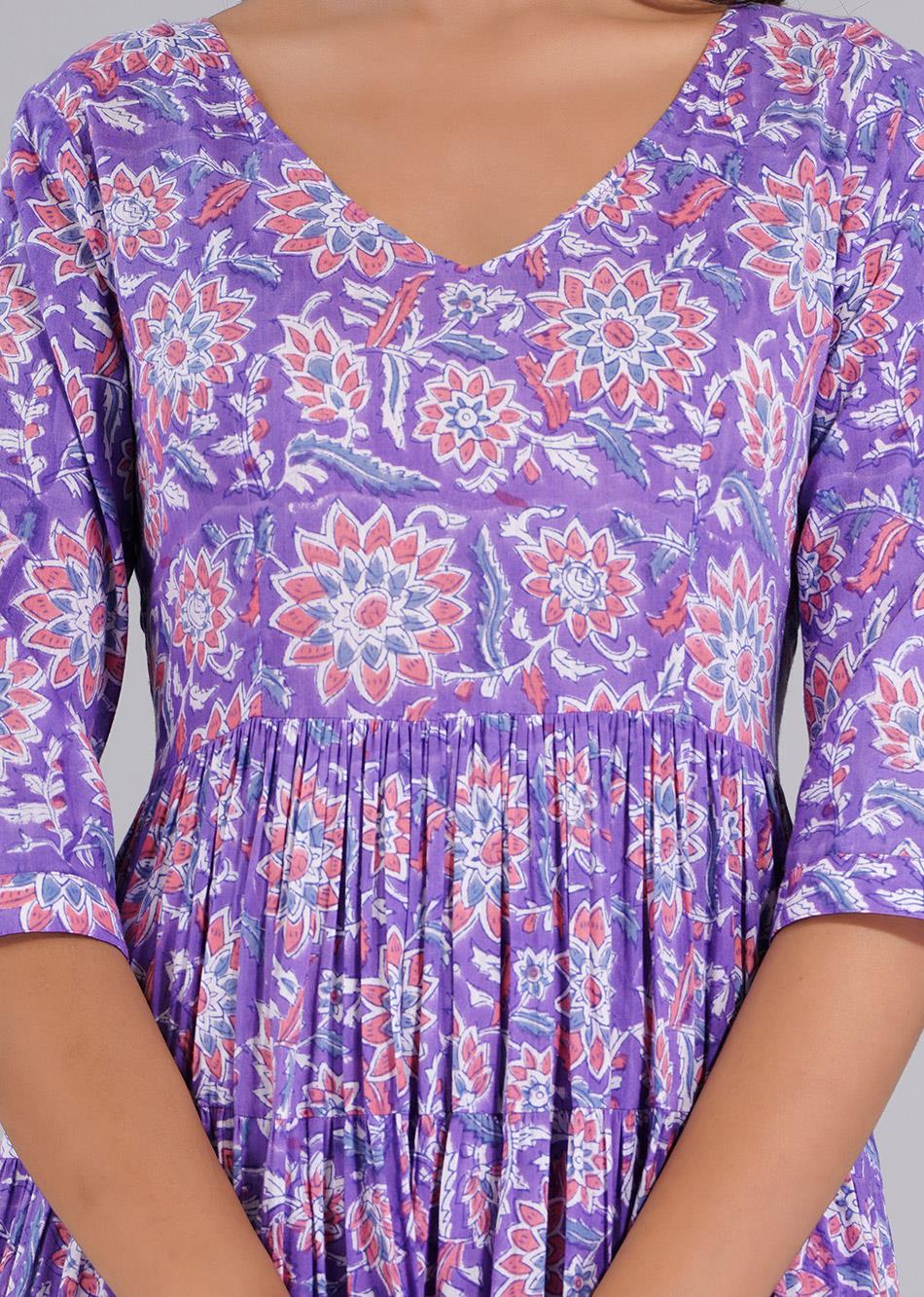 Stylish Lilac Printed Six Tiered Dresses for Women - JOVI India