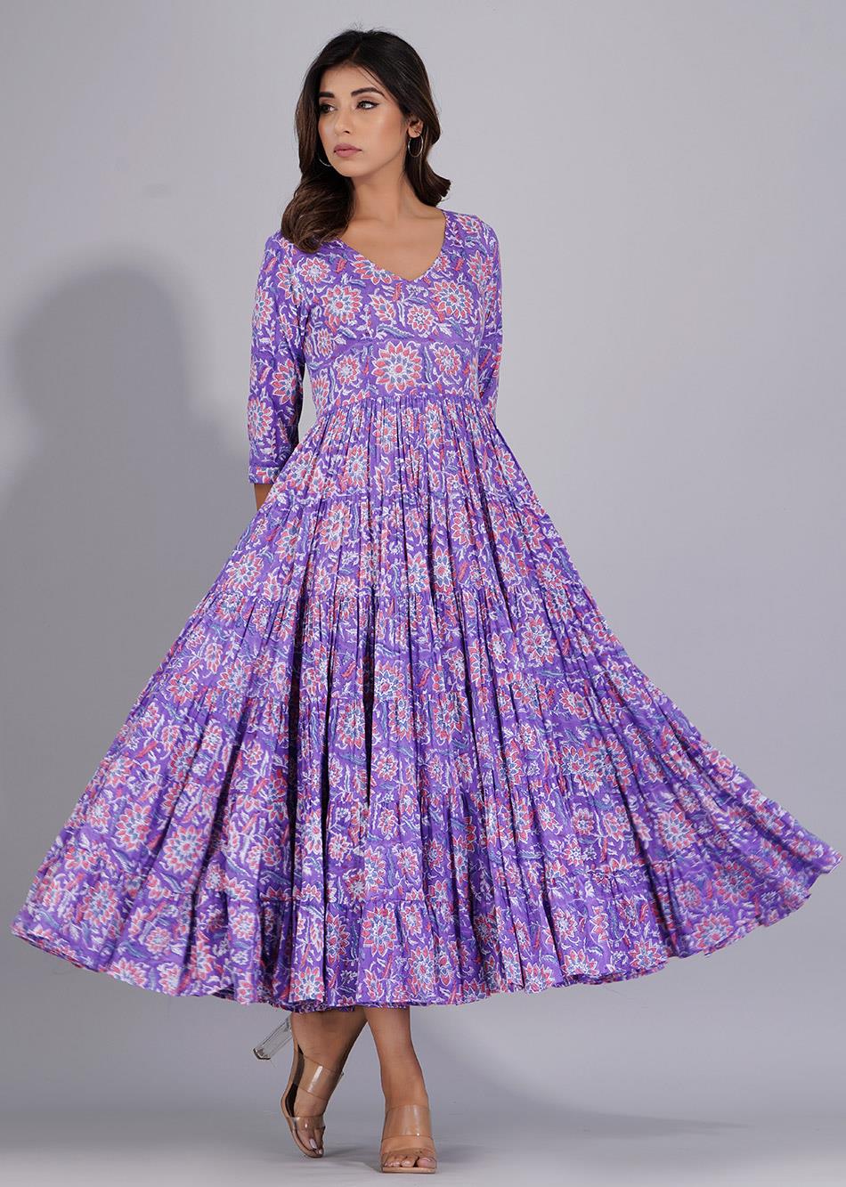 Stylish Lilac Printed Six Tiered Dresses for Women - JOVI India