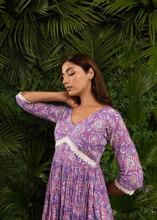 Purple Printed Cross Gather Dresses for Women - JOVI India