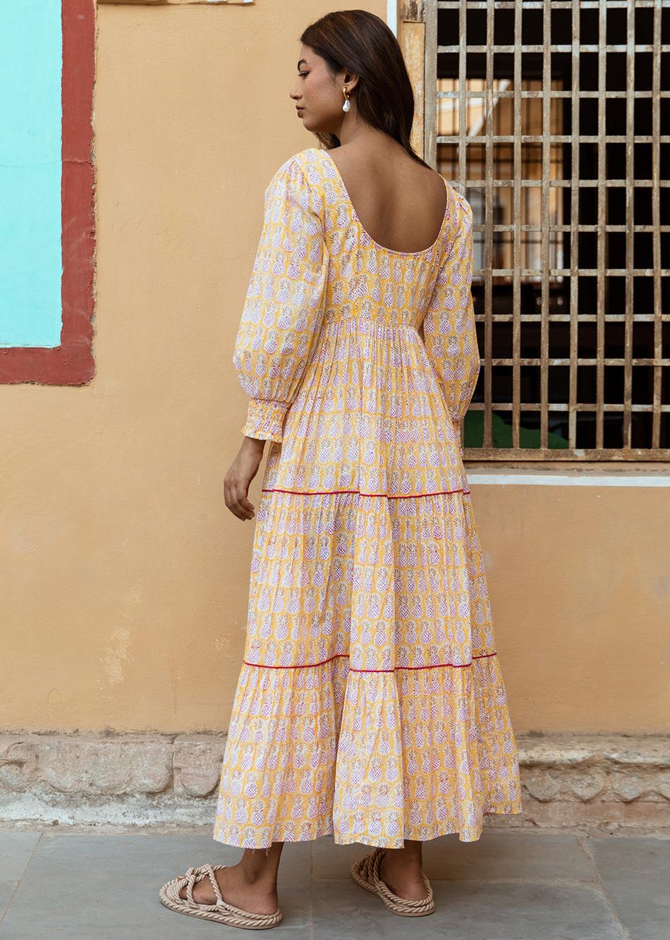 Yellow Printed Tiered Dress