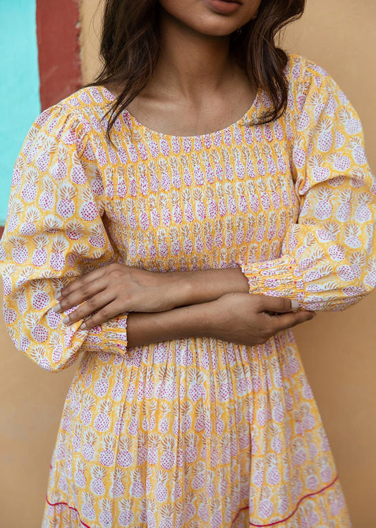 Yellow Printed Tiered Dress