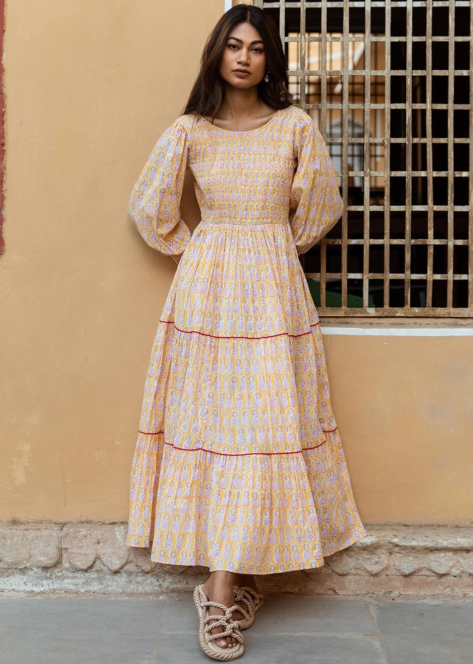 Yellow Printed Tiered Dress