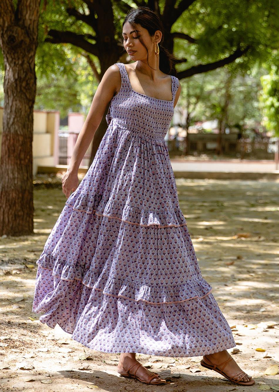 Lilac Printed 3 Tier Dress