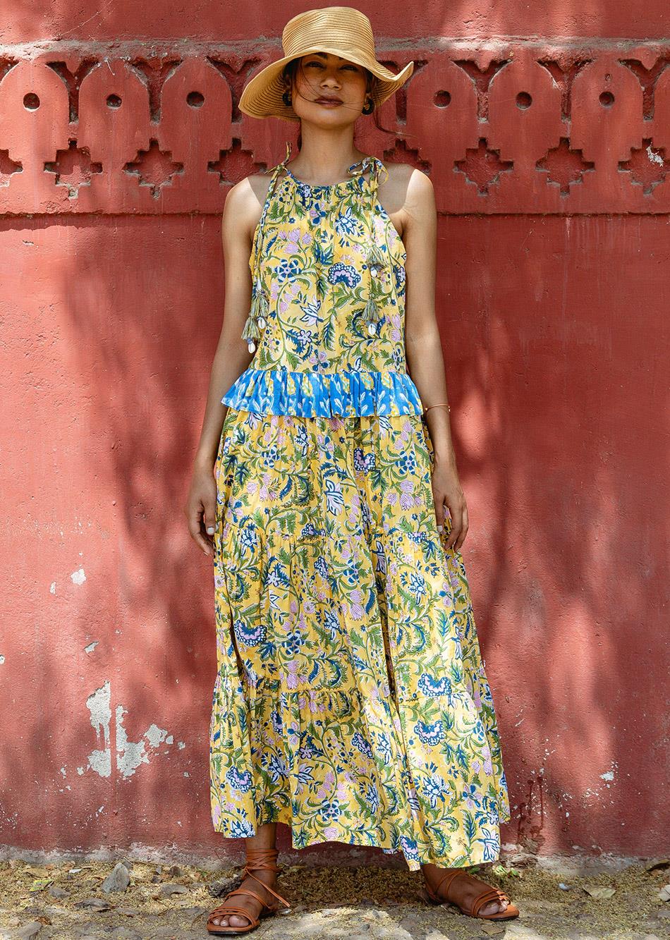 Hand block Cotton Yellow Halter Tiered Dresses for Women - JOVI India