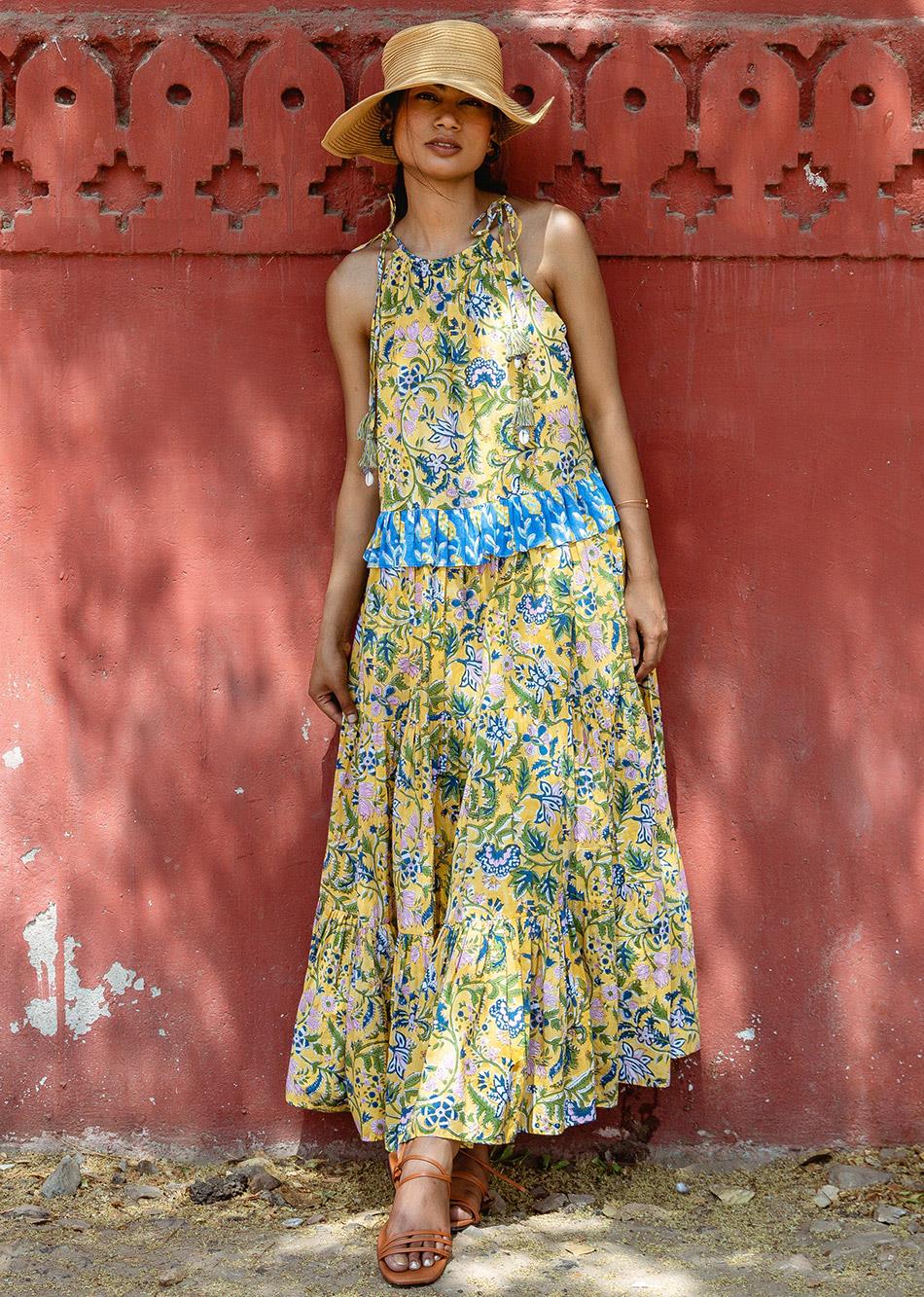 Hand block Cotton Yellow Halter Tiered Dresses for Women - JOVI India