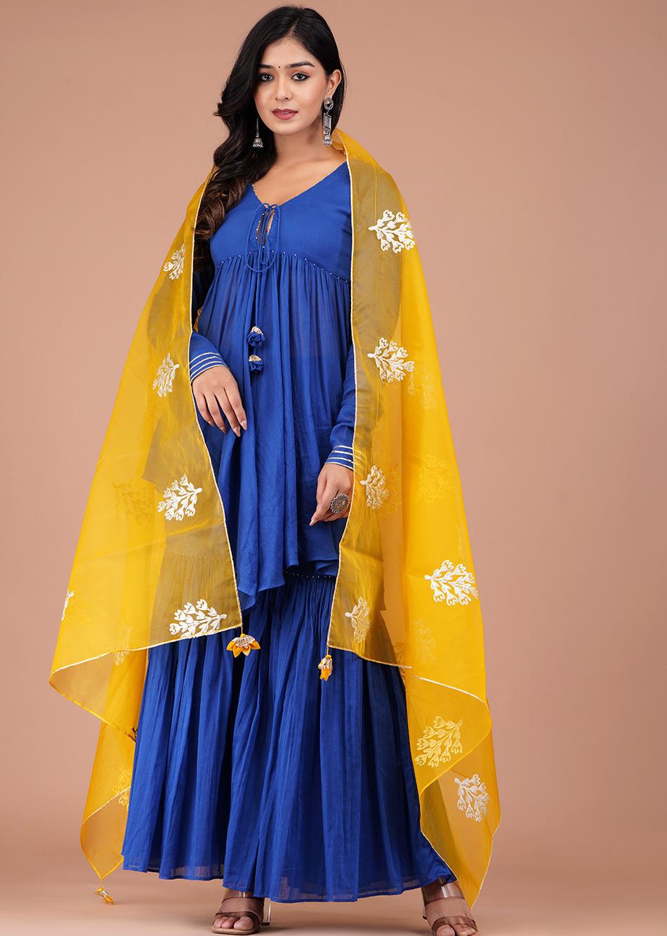 Blue Peplum Top and Sharara Set With Organza Dupatta