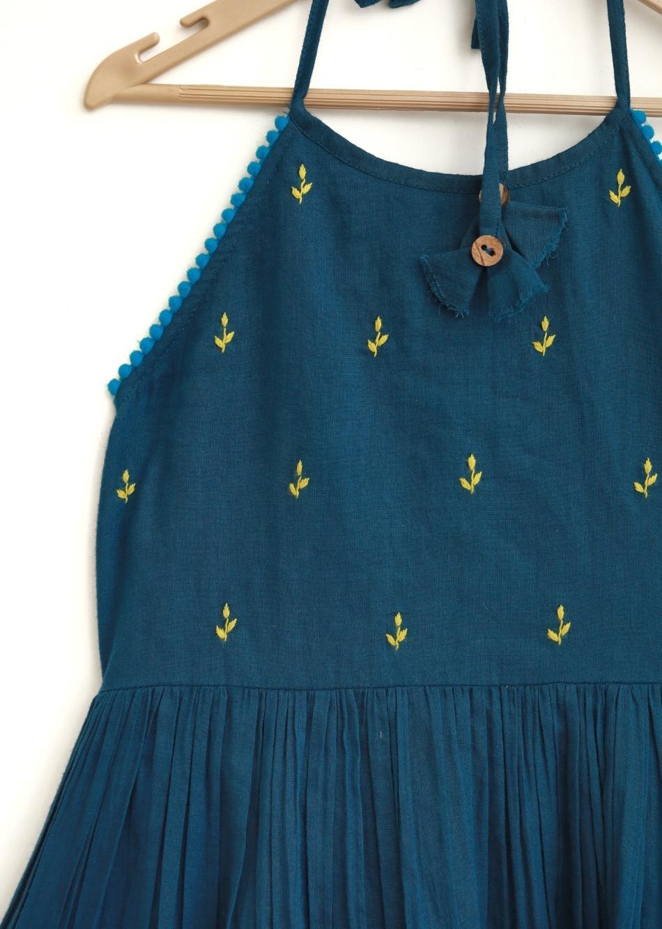 Shop Stylish Teal Halter Mulmul Blue Dress for Kids and Baby Girls - JOVI India Kids Wear