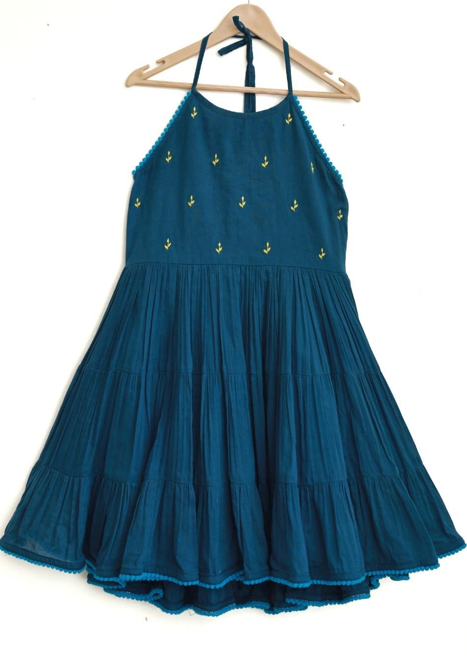 Shop Stylish Teal Halter Mulmul Blue Dress for Kids and Baby Girls - JOVI India Kids Wear