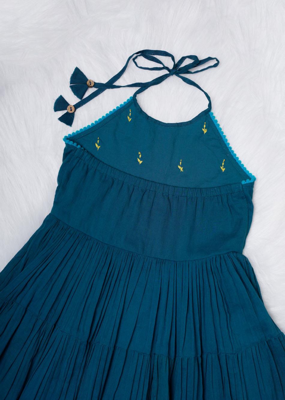 Shop Stylish Teal Halter Mulmul Blue Dress for Kids and Baby Girls - JOVI India Kids Wear