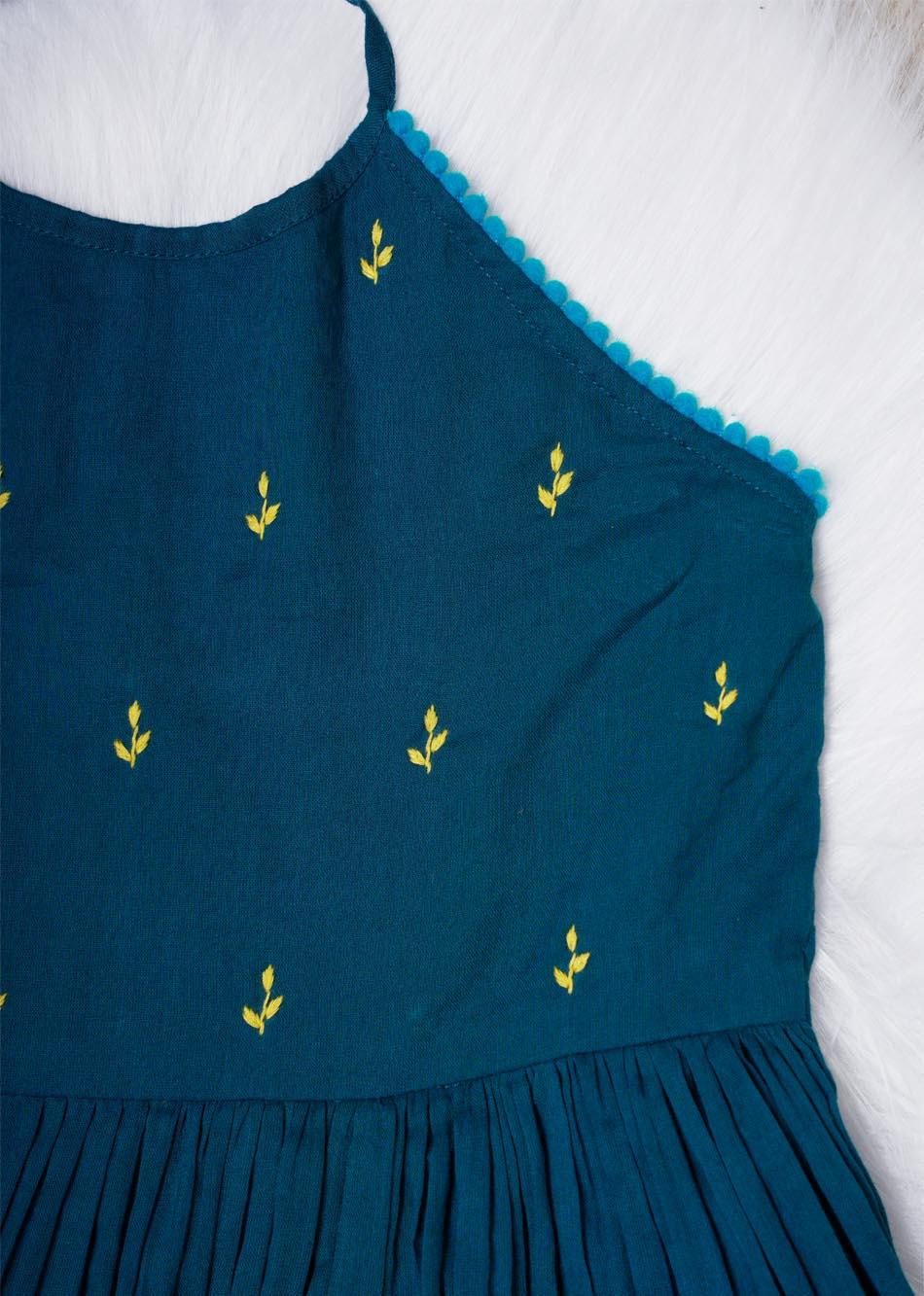 Shop Stylish Teal Halter Mulmul Blue Dress for Kids and Baby Girls - JOVI India Kids Wear