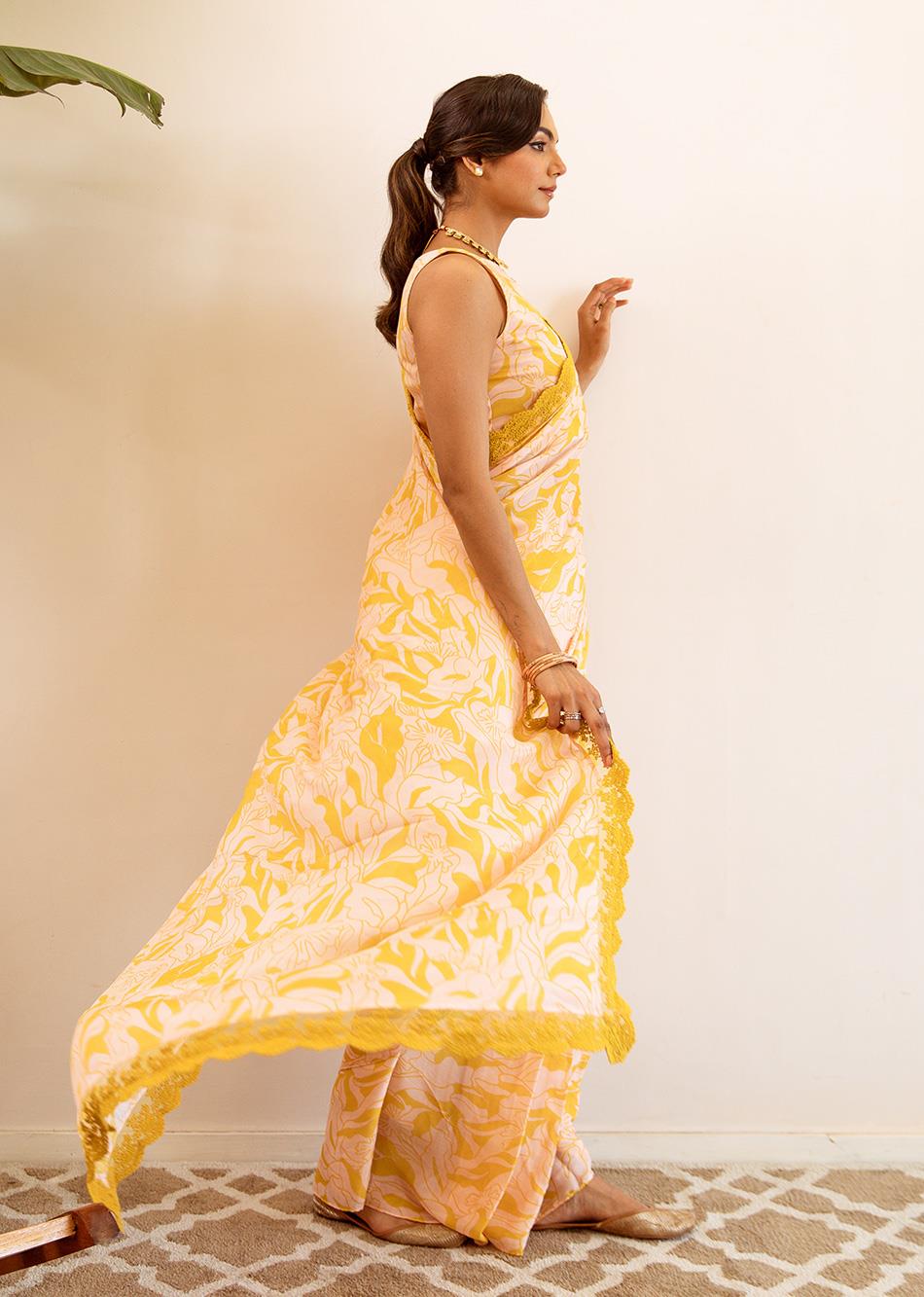 Yellow Floral Ready to Wear Saree