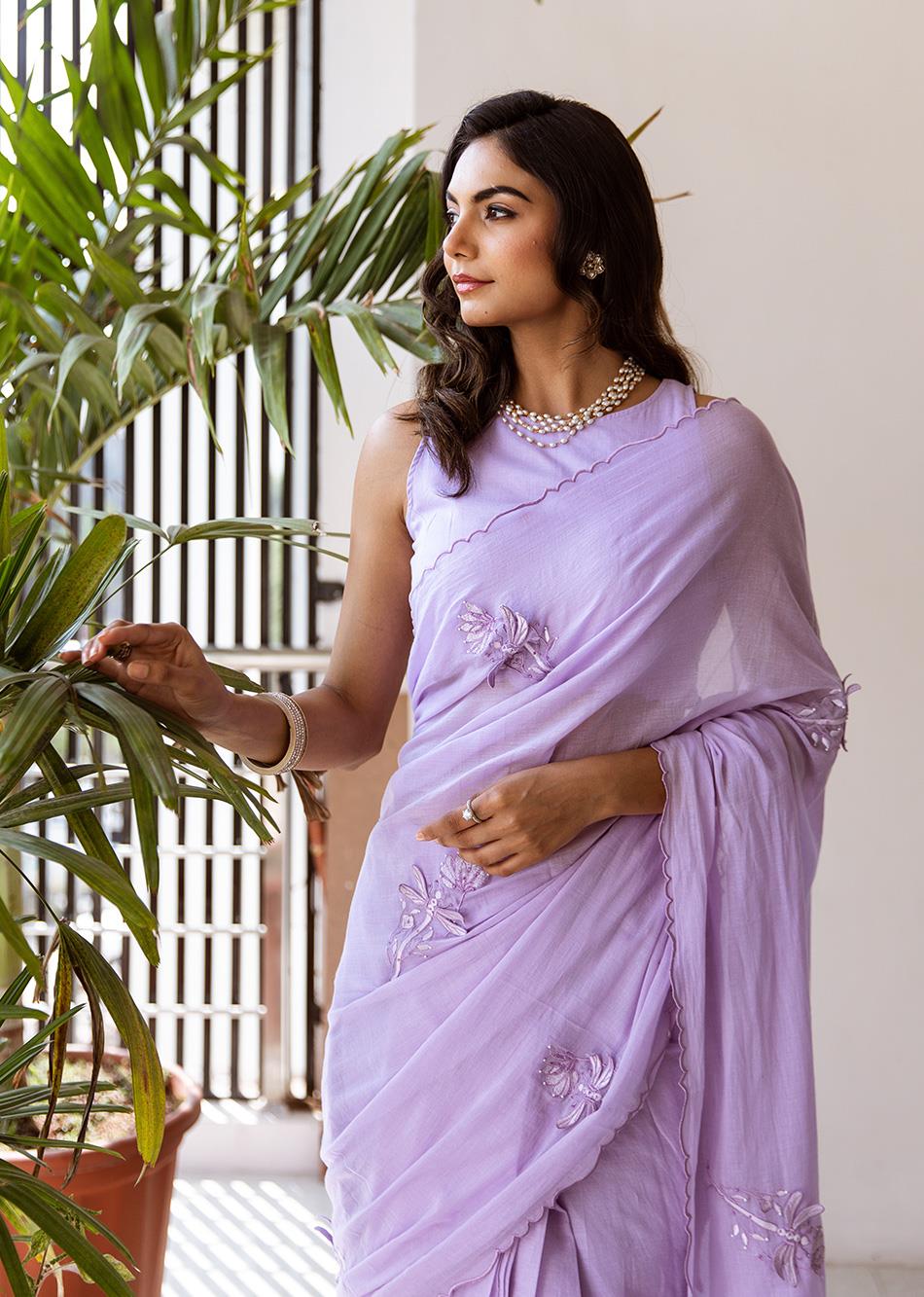 Lilac Embroidered Ready to Wear Saree
