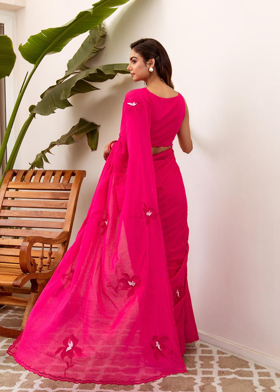 Rani Pink Embroidered Ready to Wear Saree
