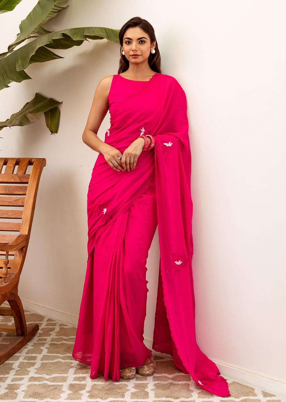 Rani Pink Embroidered Ready to Wear Saree