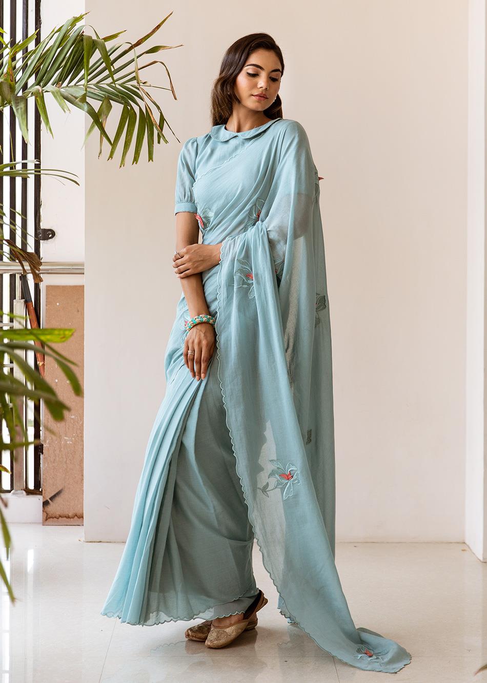 Stylish Powder Blue Mulmul Diya Embossed Embroidered Saree - JOVI India