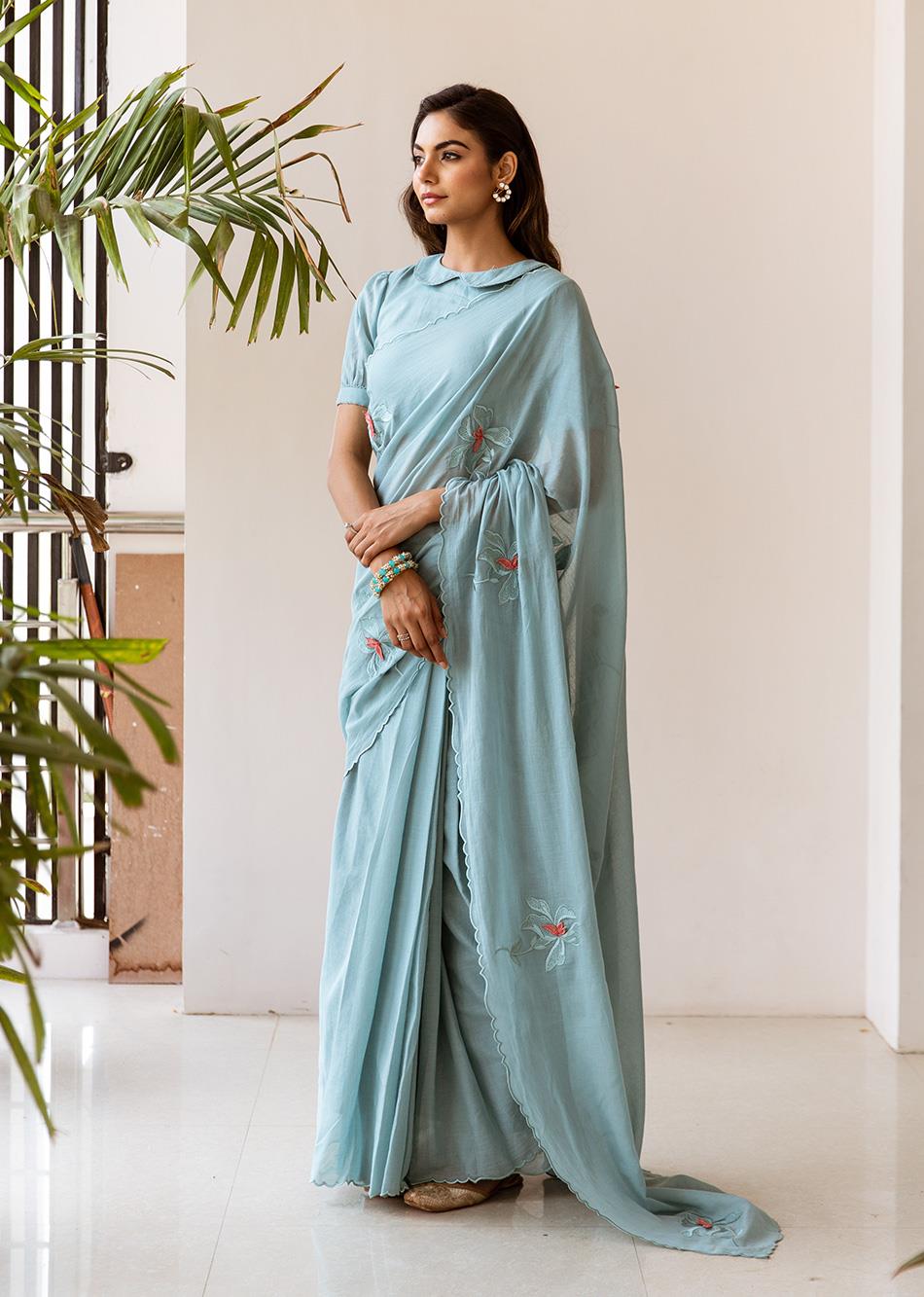 Stylish Powder Blue Mulmul Diya Embossed Embroidered Saree - JOVI India