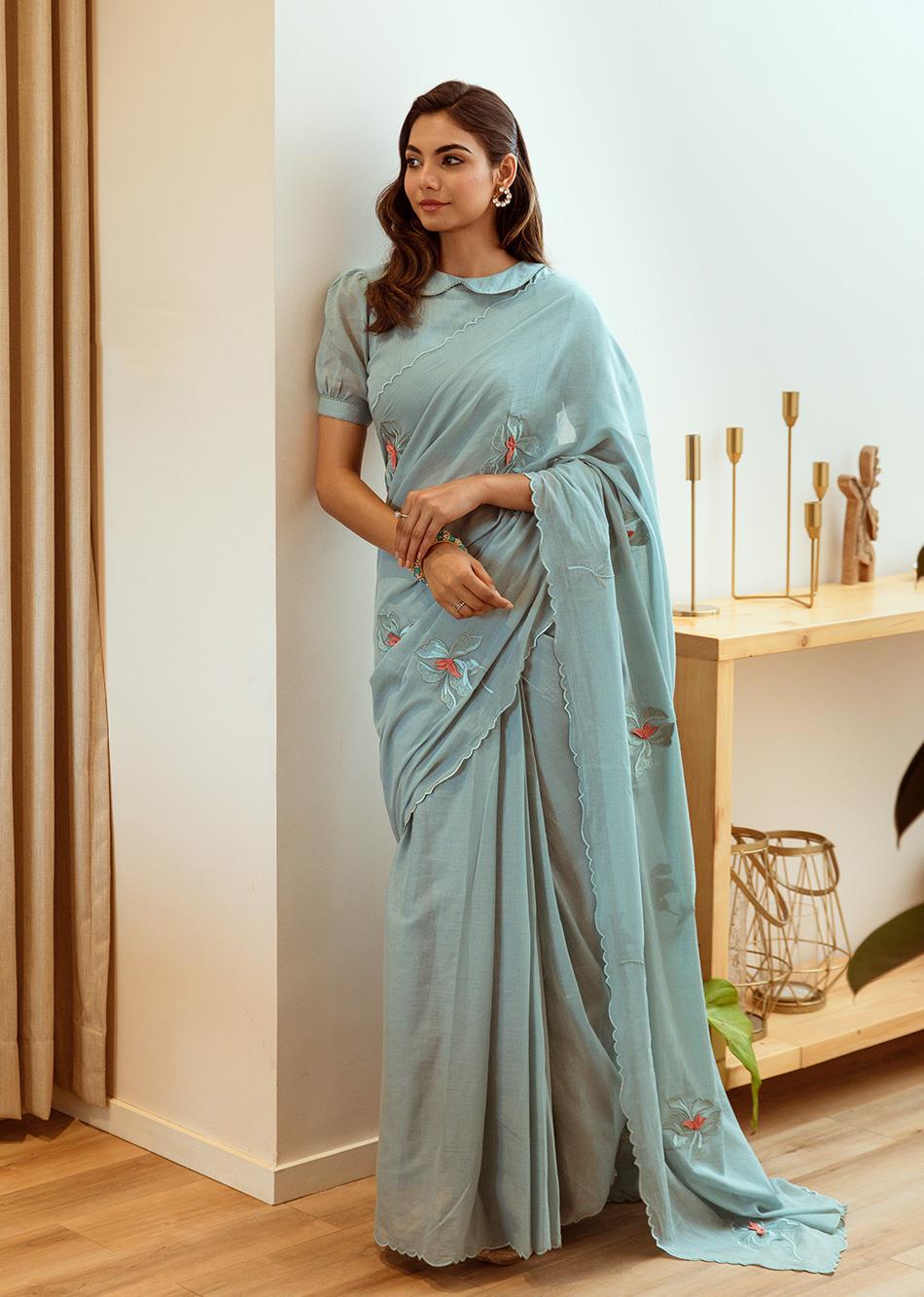 Stylish Powder Blue Mulmul Diya Embossed Embroidered Saree - JOVI India