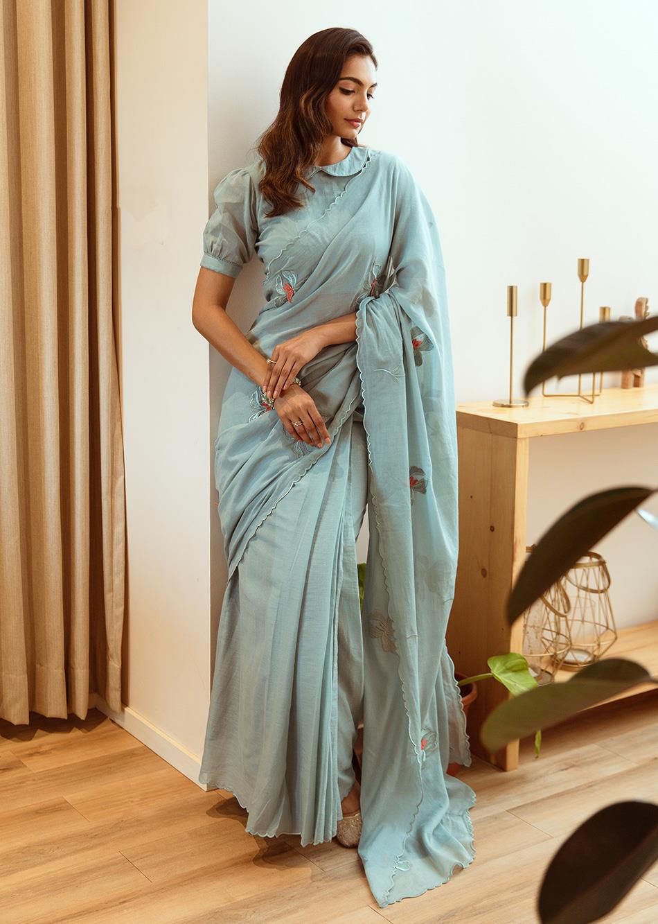 Stylish Powder Blue Mulmul Diya Embossed Embroidered Saree - JOVI India