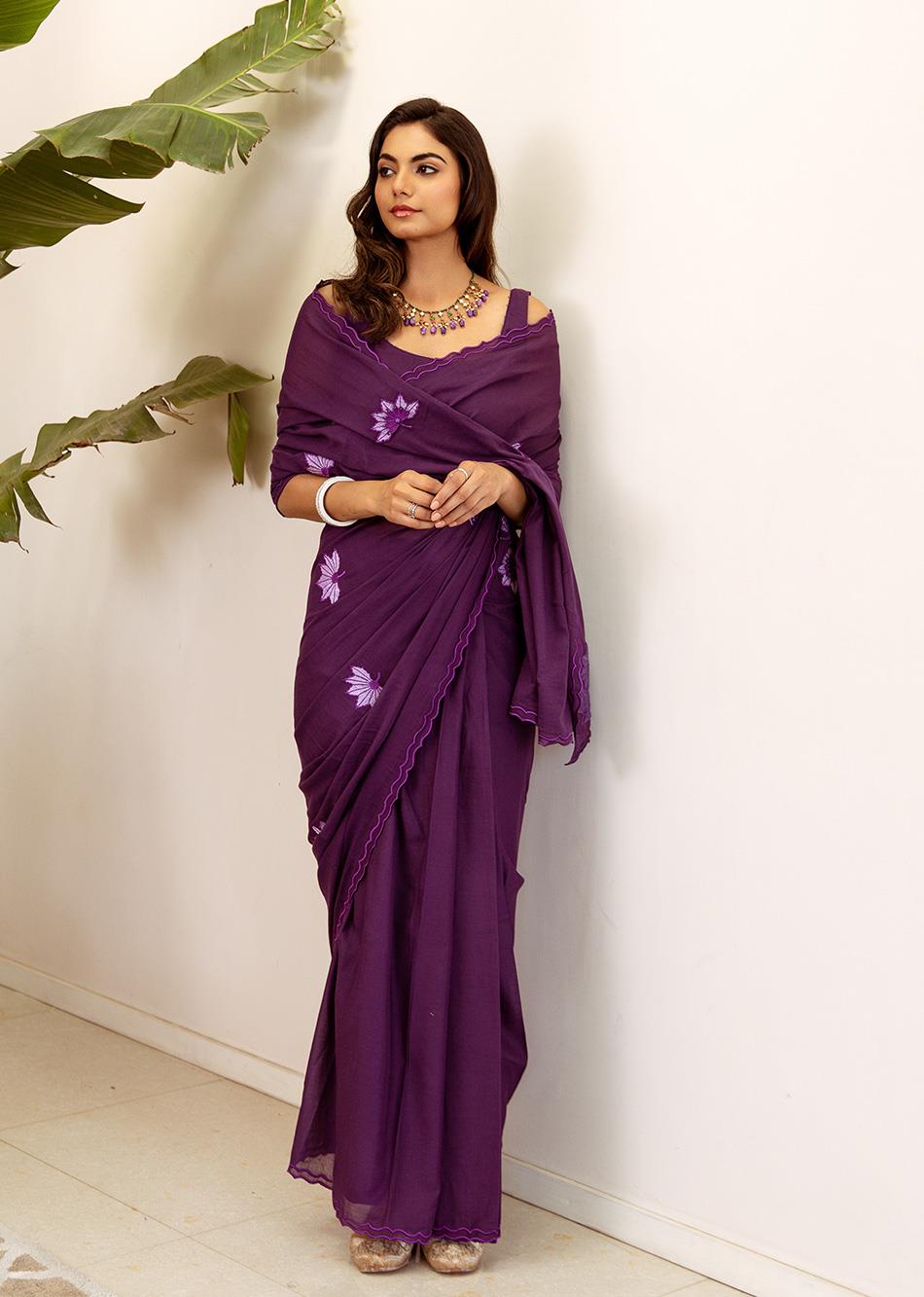 Purple Embroidered Ready to Wear Saree