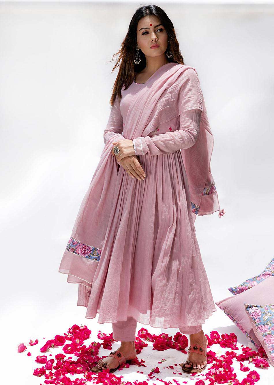 Pink Gather Anarkali Suit Set
