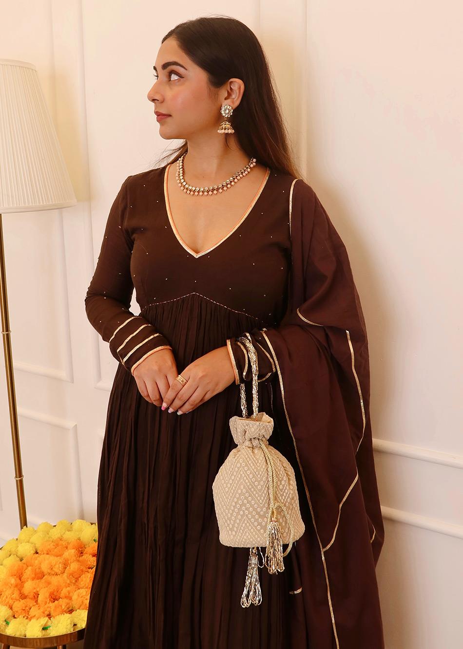 Brown Cross Gather Anarkali Suit Set