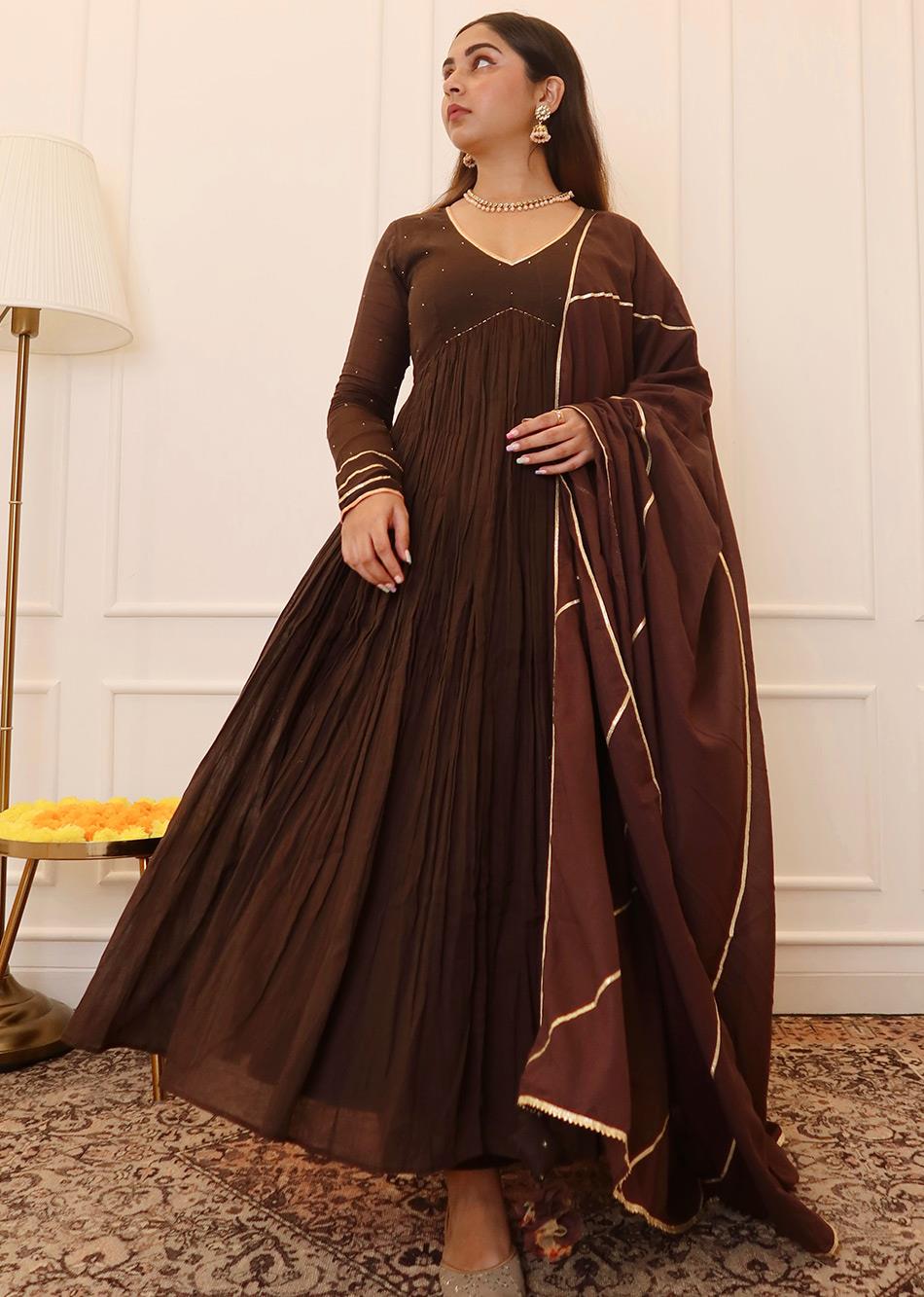 Brown Cross Gather Anarkali Suit Set