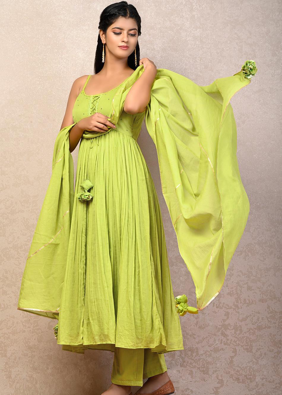 Green Strappy Gather Anarkali Set