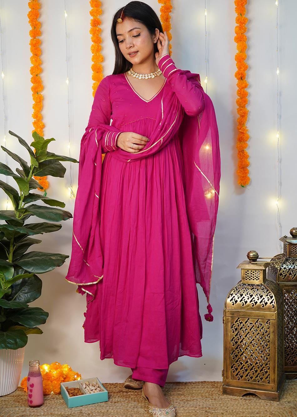 Rani Pink Gather Anarkali Suit Set